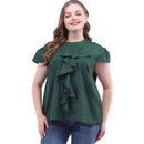 Solid Tops Women Ruffle O-neck Cup Sleeve Plus Size T-shirts (Green XXL)