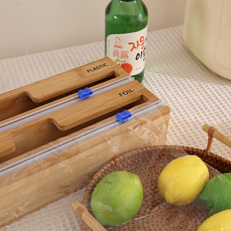 Cling Film Dispenser Wrap Tin Foil Cutter Wooden Storage Organizer (2 Grid)