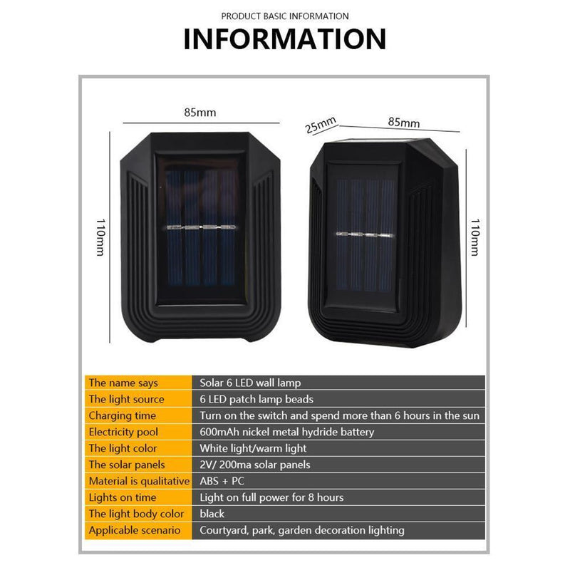 6LED Solar Wall Lamp Outdoor Waterproof Up Down Garden Yard Light (Warm)