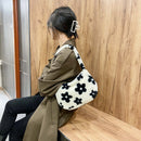 Portable Fluffy Flower Printed Satchel Autumn Women Plush Handbags Underarm Bag