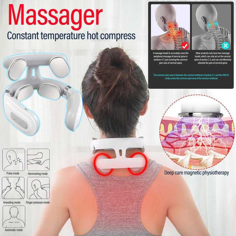 4 Heads Multifunctional Hot Compress Pulse Neck Protector Rechargeable Massager#