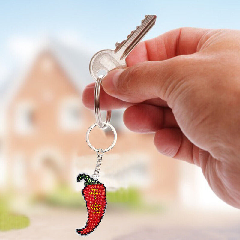Chili Stamped DIY Full Bead Cross Stitch Keychain Handmade Craft Printed Gifts