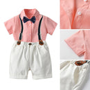 British Style Small Pocket Bow Tie Children Boys Summer Shirt Bib Pants Set