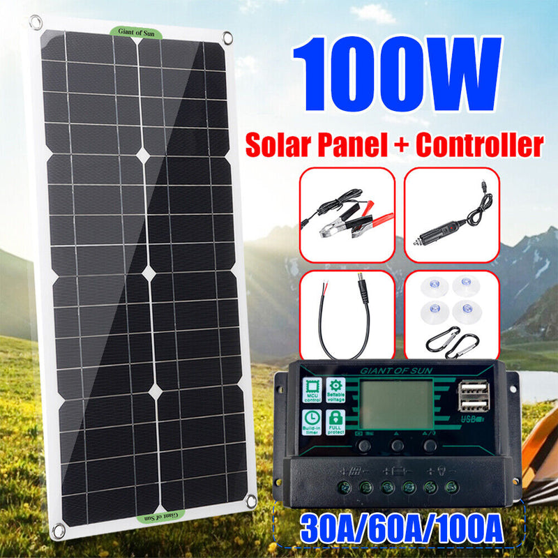 #A Dual USB Car Battery Charger 100W Solar Panel Kits with 30A/60A/100A Controll