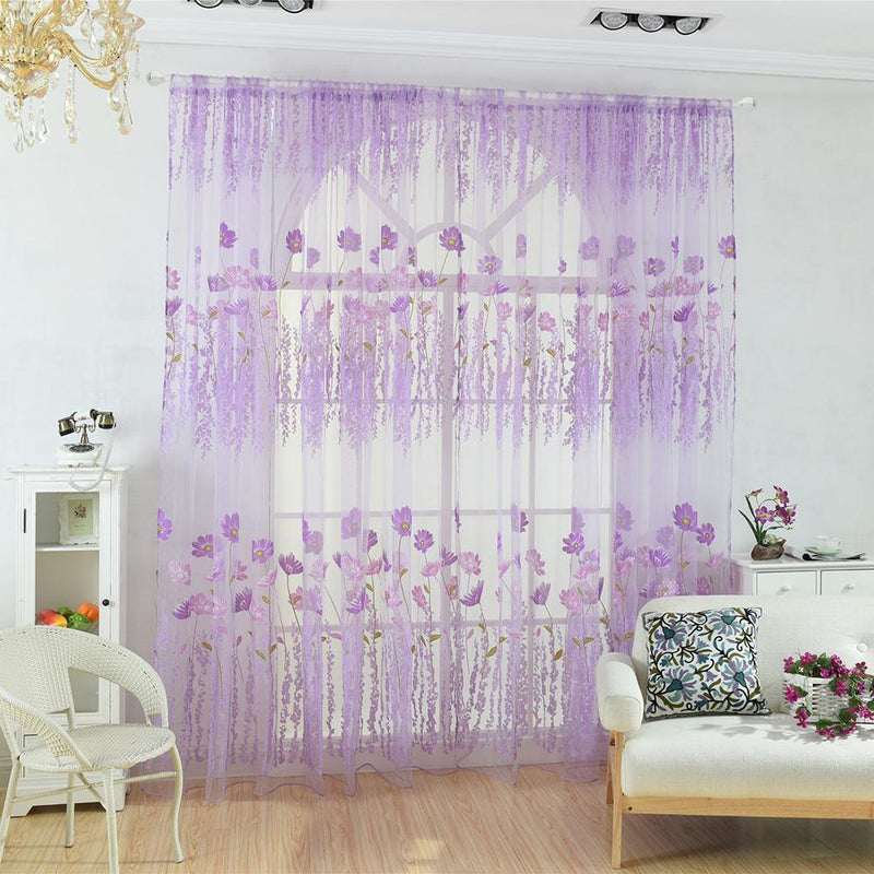 Offset Printing Sheer Curtain Yarn Tulle Window Screen Voile Panel(Purple)