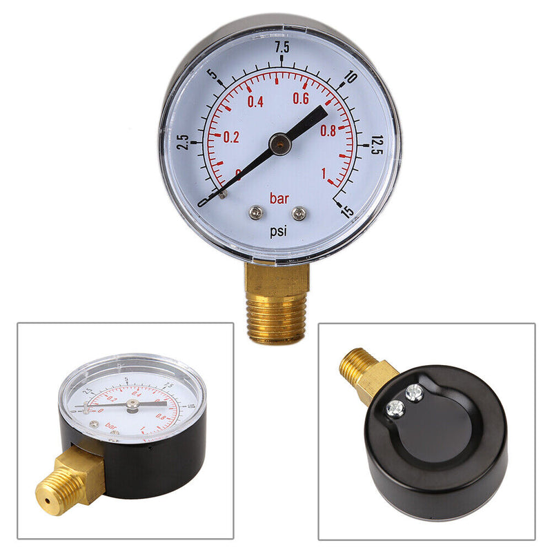 0/15 PSI 0/1 Bar Pressure Gauge Fuel Air Compressor Meter Hydraulic Pressure Test