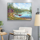 5D Round DIY Full Kit Wood House by Lake Drawing Diamond Drill Painting Art