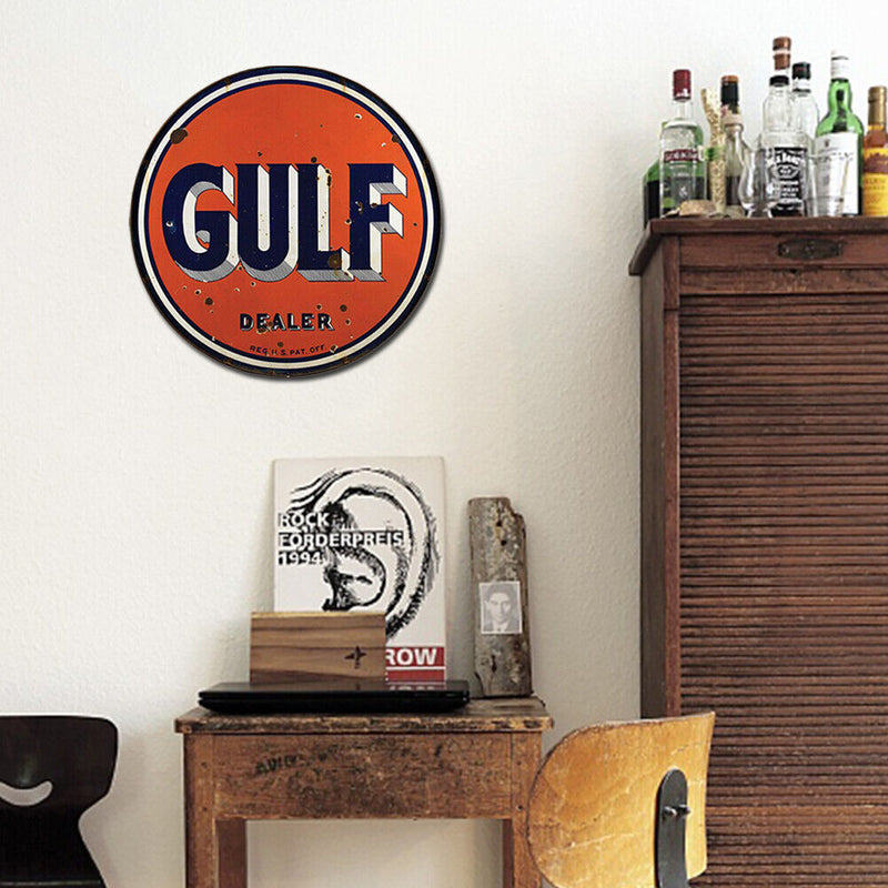 GULF Letter Metal Tin Painting Retro Round Tin Plate for Cafe Garage Decoration