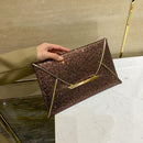 Women Sequins Solid Color Envelope Bag Lady Square Clutch Purse (Brown)