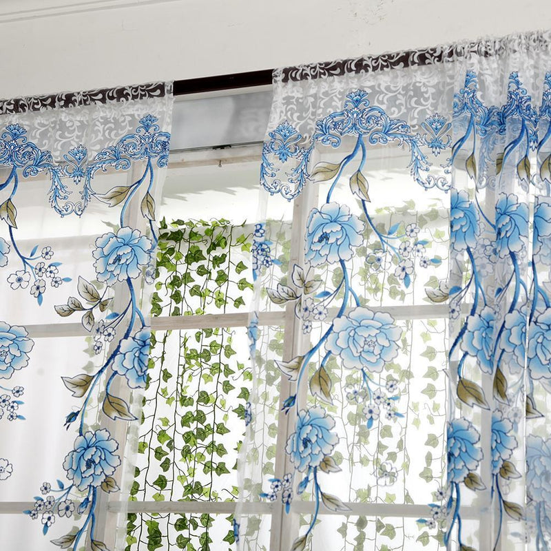 2pcs Peony Curtain Living Room Bedroom Home Door Window Curtain (Blue)