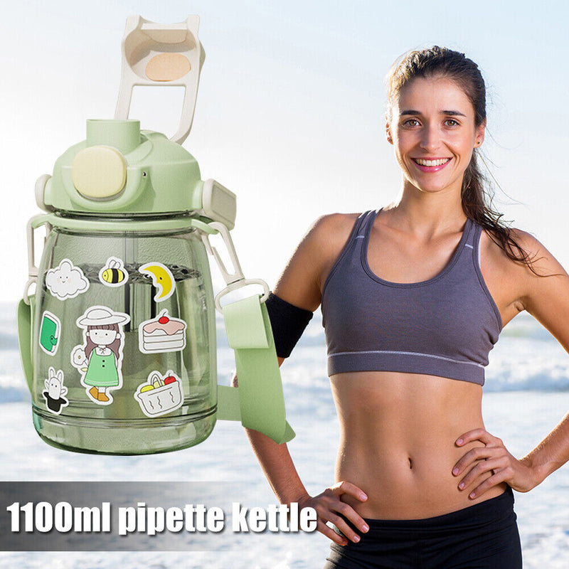 1100ml Straw Big Belly Water Cup Drinking Water Bottle w/ Stickers (Green) Newly