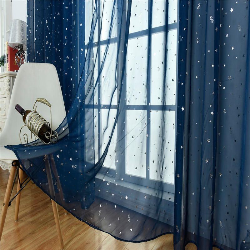 Star Print Tulle Curtains Window Drapes Sheer Purdah for Home(Dark Blue)