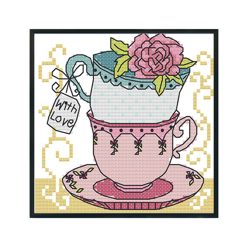 Teacup Cross Stitch Kit 14CT Stamp Embroidery DIY Needlework (J357 15x15cm)