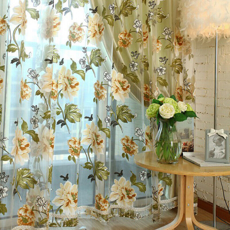 Window Curtain Flower Sheer Pattern Voile Valances Yellow 100x250cm