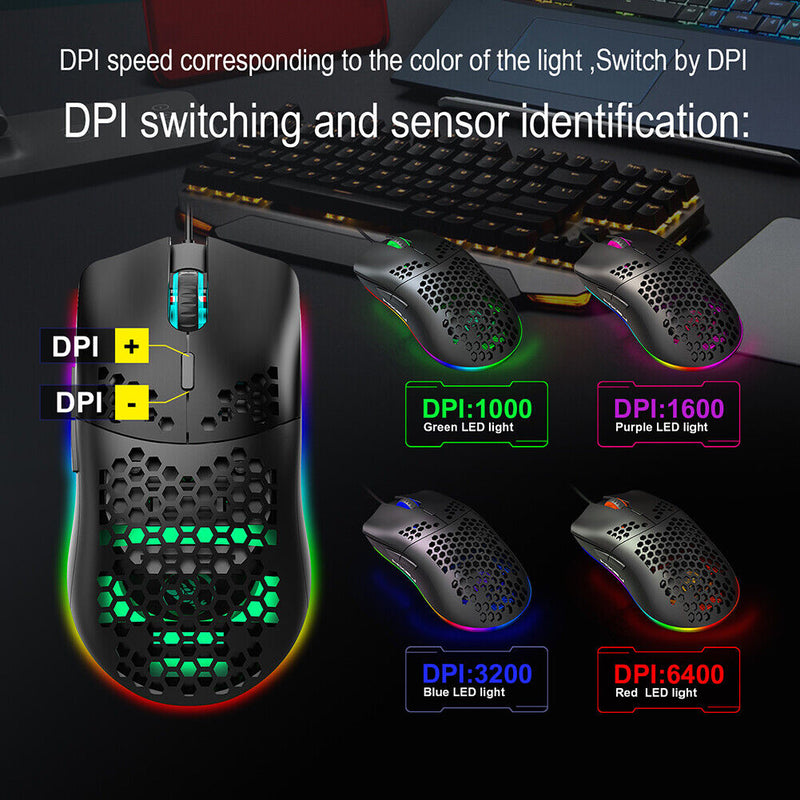 USB Lightweight Gaming Mouse RGB Backlit 6400DPI Honeycomb Shell Mice for PC
