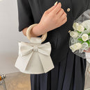 Sweet Bow Tie Mini Crossbody Bag Women Leather Wooden Handle Bucket Handbags