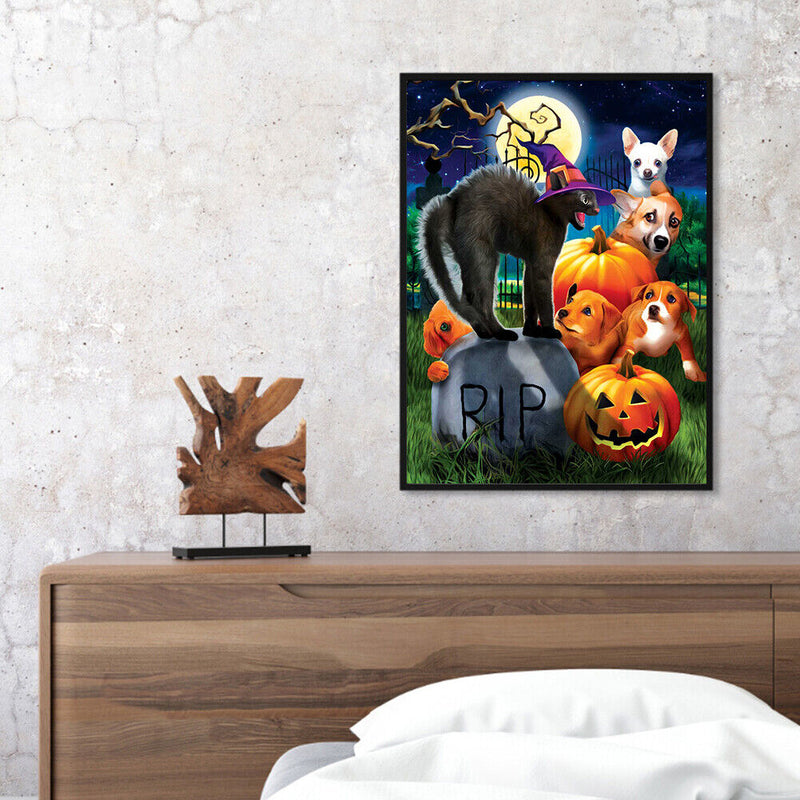 Frameless Oil Paint By Numbers DIY Halloween Dog Cat Picture Craft for Home