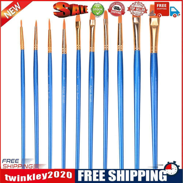 10pcs Blue Watercolor Gouache Paint Brushes Nylon Hair Painting Brush Set