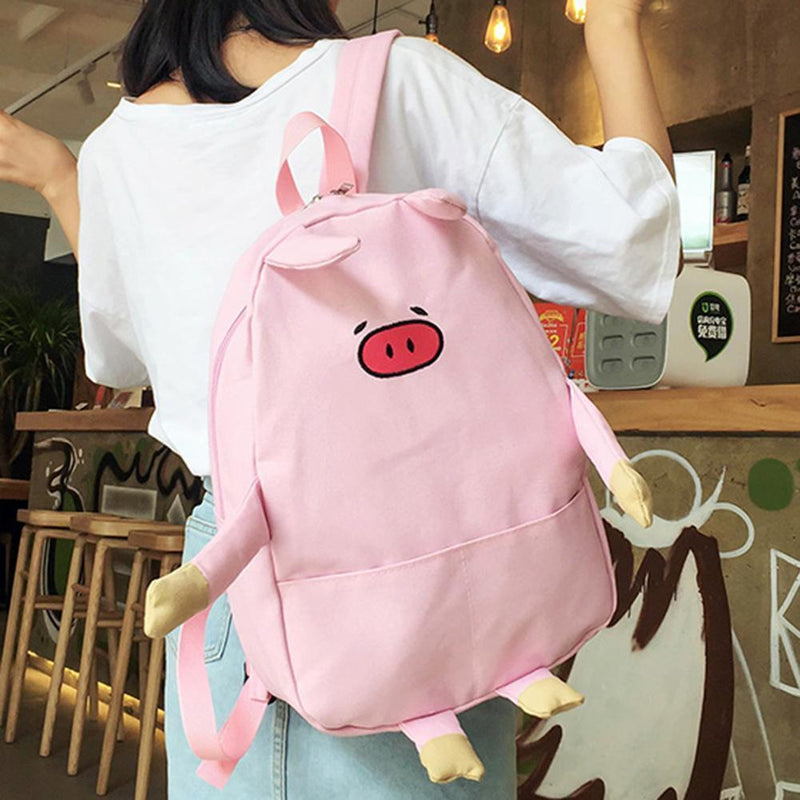 Women Canvas Lovely Cartoon Pig Shape Causal Backpack Shoulder Bag(Pink)