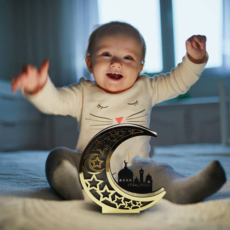 Wooden Hollow ?Moon Mosque Lights Ramadan Festival Desktop Ornament Decorat