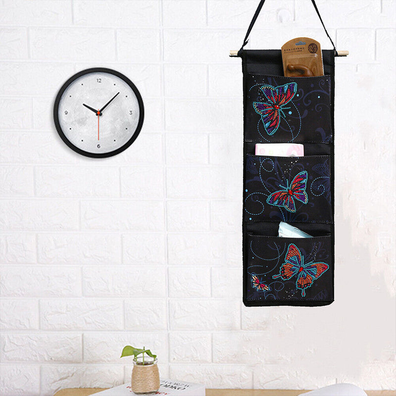 Butterfly Diamond Painting Wall Hanging Storage Bag 3 Pockets Black (AA991)