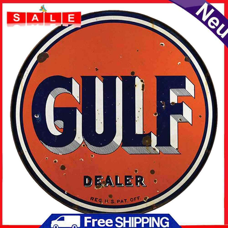 GULF Letter Metal Tin Painting Retro Round Tin Plate for Cafe Garage Decoration