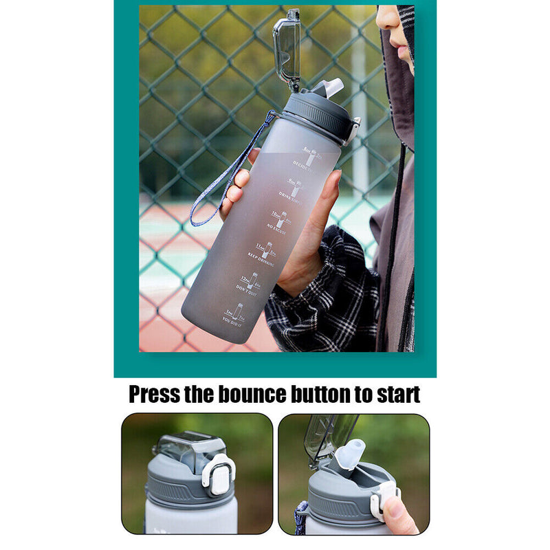 Plastic Water Bottle with Time Marker Sports Leakproof Drink Cup (Grey) Newly