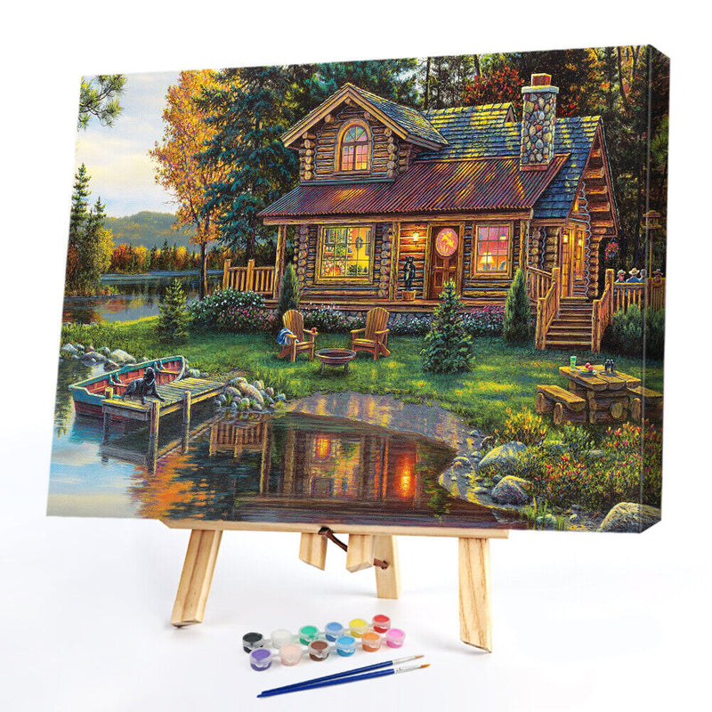 DIY Paint By Number Kit Frameless Lake House Scenery Handpainted Wall Hanging
