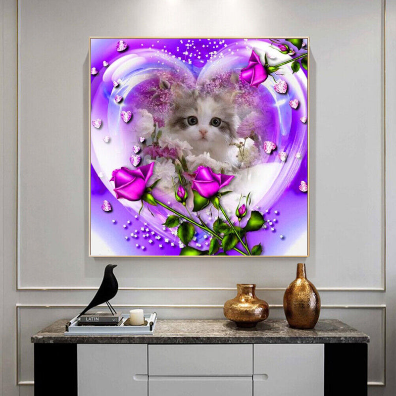 DIY Round Diamond Painting 5D Rose Cat Mosaic Picture Point Drill Handicraft