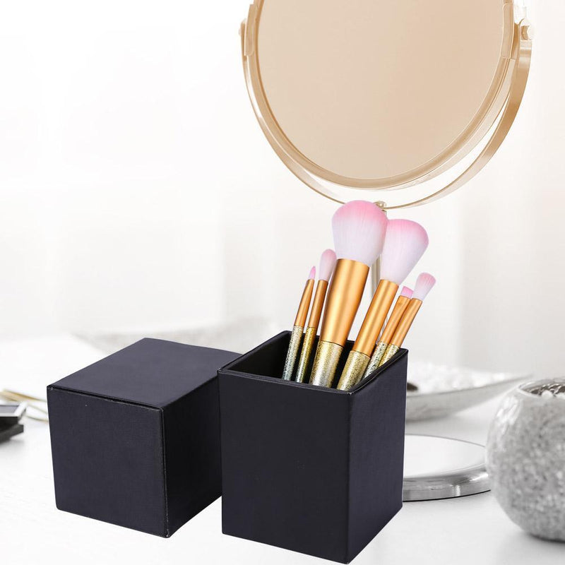 Square Leather Makeup Brush Holder Travel Cosmetic Pen Storage Cup (Black)