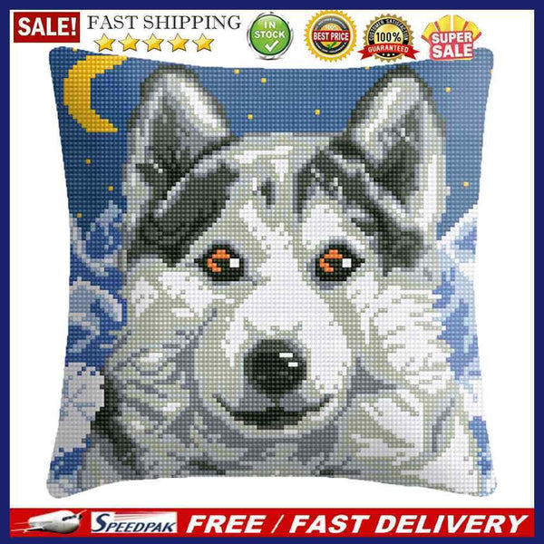 6CT Pillow Cover Kits Stamped DIY Husky Dog Embroidery Cross Stitch Pillowcase