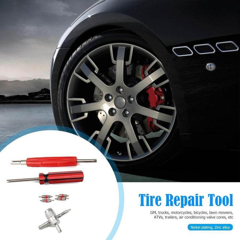 4pcs Tire Schrader Valve Core with Dual Single Head Remover+4-Way Valve Too