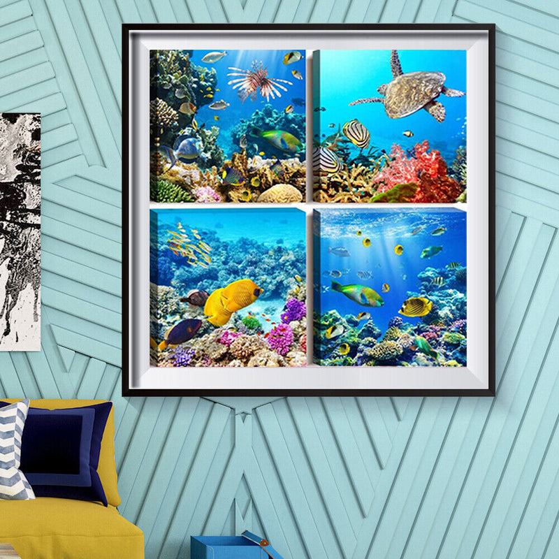 4 Panels Sea Life Oil Paint By Numbers Canvas DIY Picture Hand Painted Wall Art