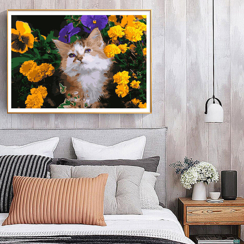 DIY Digital Painting By Numbers Cat Flower Frameless Canvas Picture Modern Art