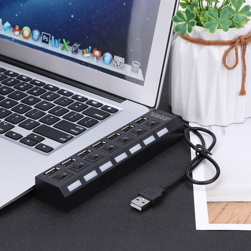 7 Ports High Speed USB 2.0 Hub Splitter w/ON/OFF Switch for Laptop (Black)