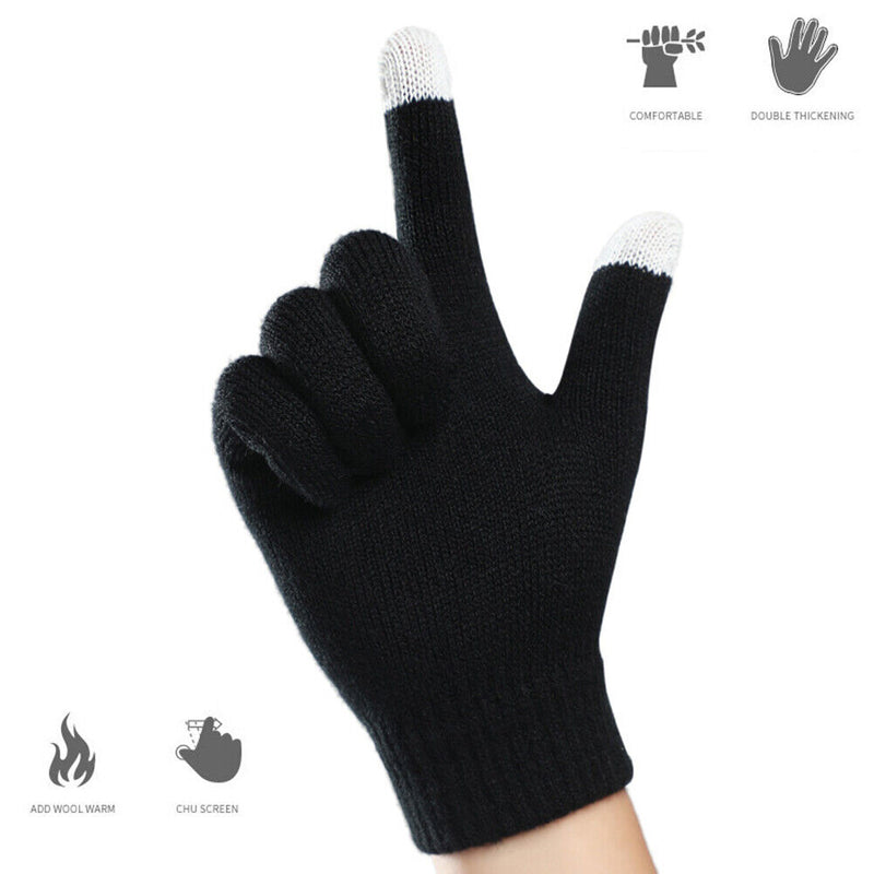 Full Finger Knitted Gloves Men Women Bike Warm Touch Screen Mittens (Black)