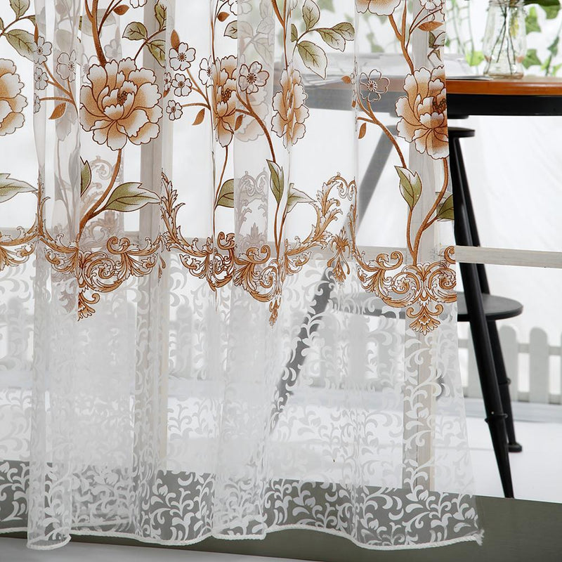 2PCS Peony Curtain Living Room Bedroom Home Door Window Curtain (Coffee)