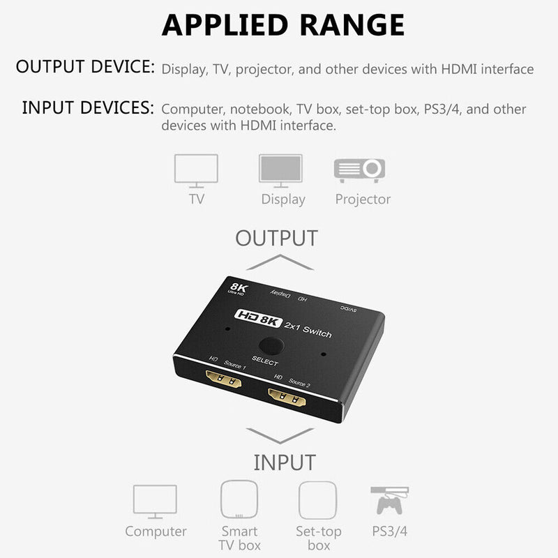 HDMI 2.1 Compatible Switch 2 in 1 out for PS5 PS4 Xbox TV Monitor Projector