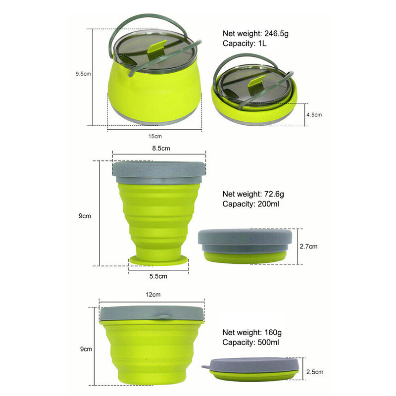3pcs Silicone Folding Kettle Cup Set Portable Collapsible Tableware (Green)