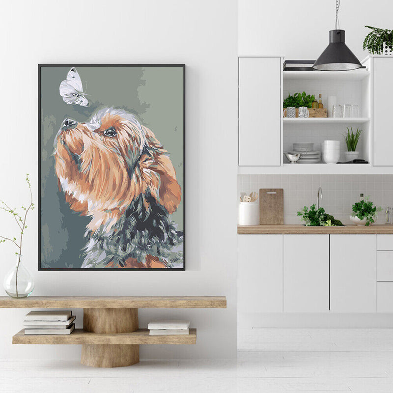 Hand Painted Canvas Art Painting By Number Dog and Butterfly DIY Oil Picture Kit