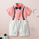 British Style Small Pocket Bow Tie Children Boys Summer Shirt Bib Pants Set