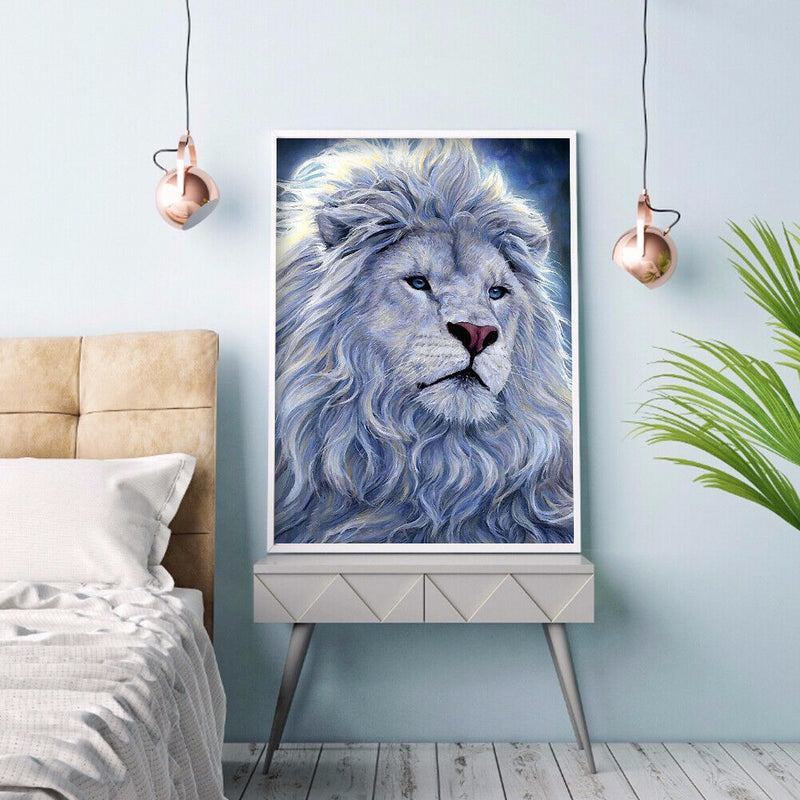 12x16 inch 5D Full Round Diamond Painting White Fur Male Lion Rhinestone Picture