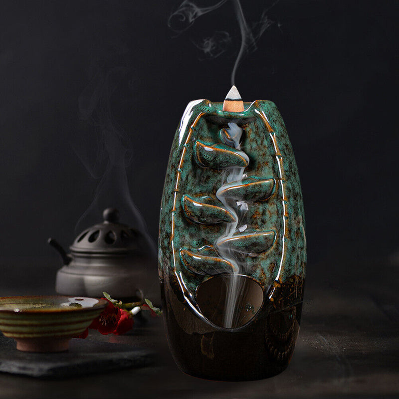 Incense Holder Ceramic Backflow Waterfall Incense Burner with 50 Cones (D) Newly