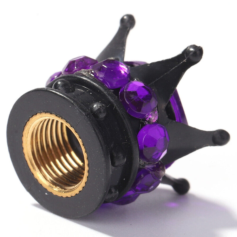 4pcs Auto Car Bling Rhinestone Black Crown Wheel Tire Valve Caps (Purple)