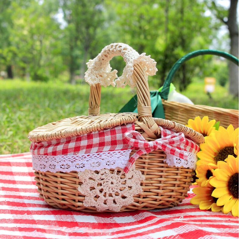 Small Picnic Wicker Basket Camping Fruit Food Rattan Hamper (Red Lattice) Newly
