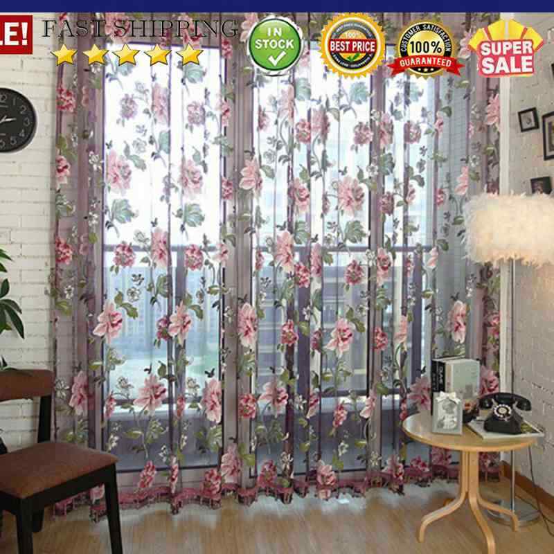Window Curtain Flower Print Sheer Pattern Voile Valances Wine 100x250cm