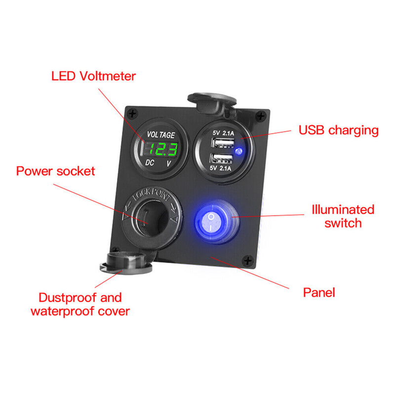 4 in 1 Switch Panel Voltmeter Dual USB Waterproof Switches for Car Marine Boat