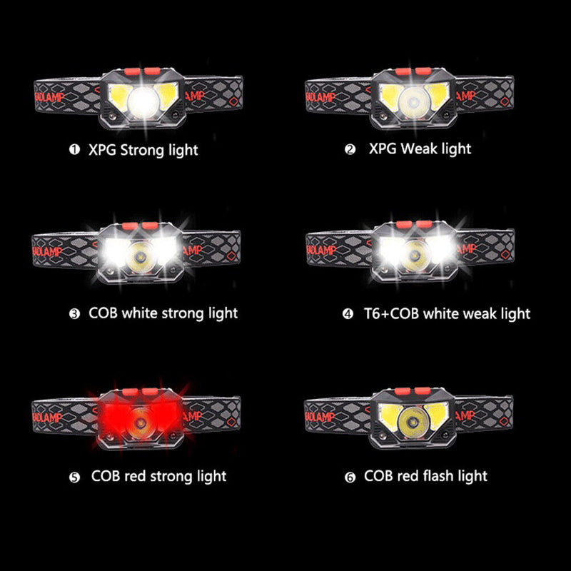 XPG COB LED Sensor Headlight Rechargeable 6 Modes Outdoor Camping Headlamp