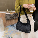Women Plush Fur Flower Pattern Shoulder Bag Winter Small Armpit Bag (E)