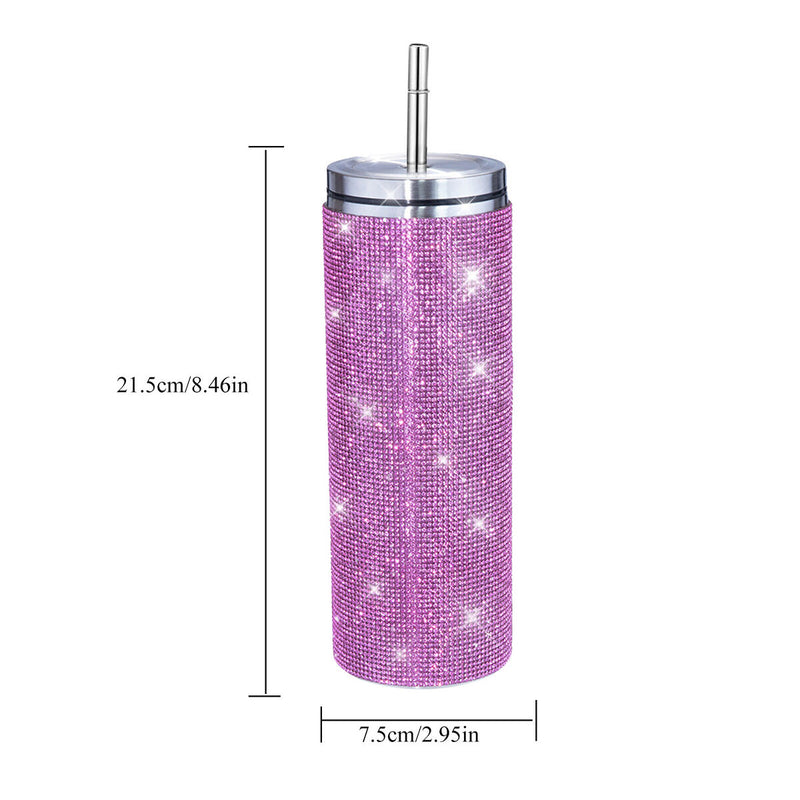 #A 600ml Sparkling Diamond Straw Cups Leak-proof Sports Vacuum Flask for Women